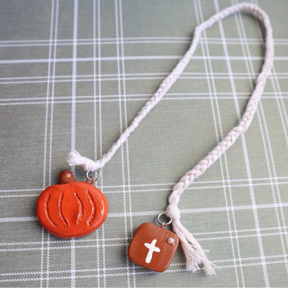 Cozy Fall Pumpkin Bookmark Handmade Cross Charm Christian Reader Gift Clay Jesus
